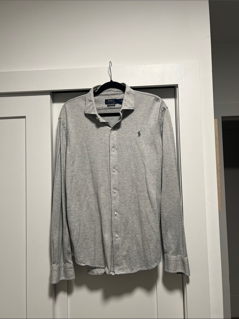 Ralph Lauren Light Gray Long-Sleeve Knit Button-Down Shirt